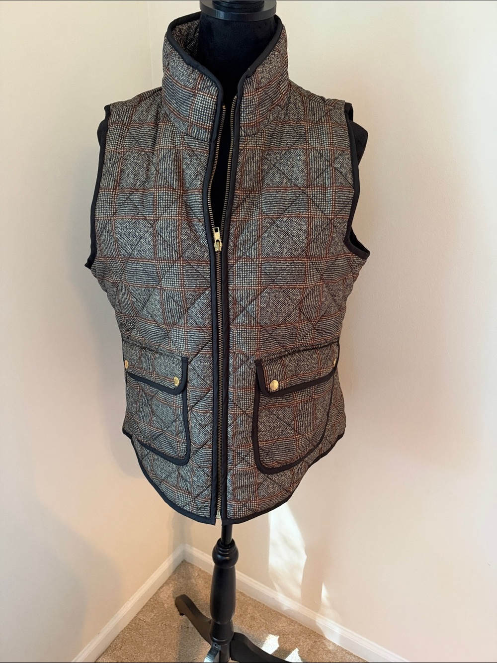 Kenar Quilted Plaid Zip Vest in Brown and Black with Contrast Trim